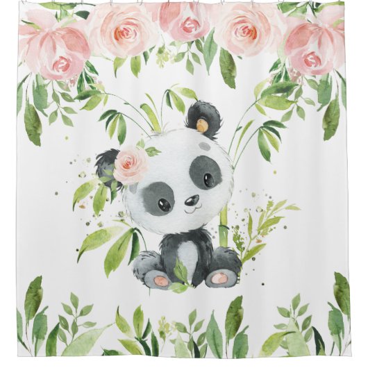 Leuke Panda Roze Bloemen Groen Bamboe Douchegordijn (Voorkant)