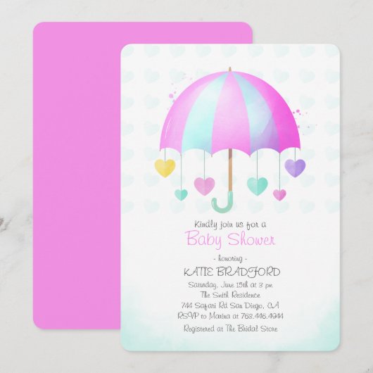 Leuke paraplu met kleurrijke harten baby shower kaart (Voorkant / Achterkant)