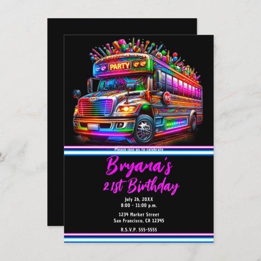 Leuke Party Bus Helder Gloeiende Lichten Verjaarda Kaart (Voorkant / Achterkant)