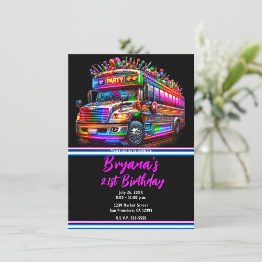 Leuke Party Bus Helder Gloeiende Lichten Verjaarda Kaart (Staand voorkant)