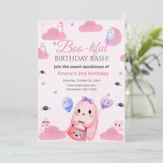 Leuke Pastel Ghost Halloween Verjaardag Uitnodigin Kaart (Staand voorkant)