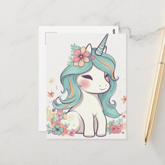Leuke Pastel Kawaii Eenhoorn Briefkaart (Voorkant / Achterkant in situ)