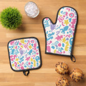 Leuke pastel kleurrijke levendige vormen ovenwant & pannenlap set (Top down)