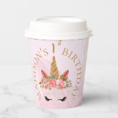 Leuke Pastel Roze Bloemen Eenhoorn Verjaardagsfees Papieren Bekers (Voorkant)