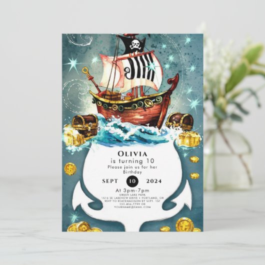 Leuke Pastel Waves Ahoy Piraat Verjaardag Kaart (Staand voorkant)