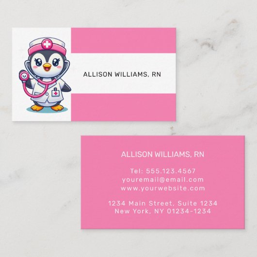 Leuke Penguin Nurse Roze Stethoscoop Stripe Visitekaartje (Voorkant / Achterkant)