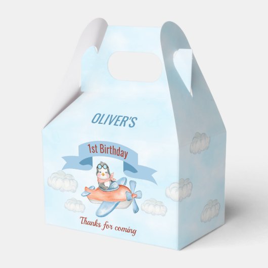 Leuke Penguin Vliegtuig Blauw 1e Verjaardag Bedankdoosjes (Voorkant Zijde)