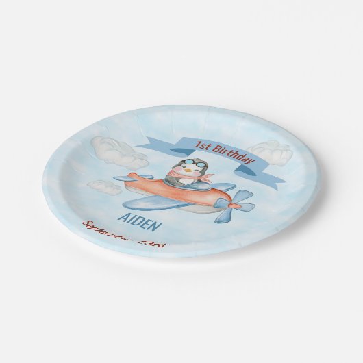 Leuke Penguin Vliegtuig Blauw 1e Verjaardag Papieren Bordje (Gekanteld)