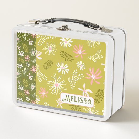 Leuke Personal Metal Lunchbox groen & roze bloemig (Voorkant)
