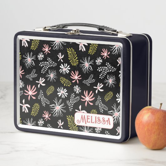 Leuke Personal Metal Lunchbox zwart & roze bloemig (In situ)