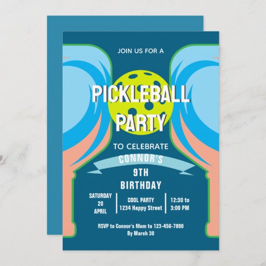 Leuke Pickleball verjaardagsfeestje uitnodiging vo (Voorkant / Achterkant)