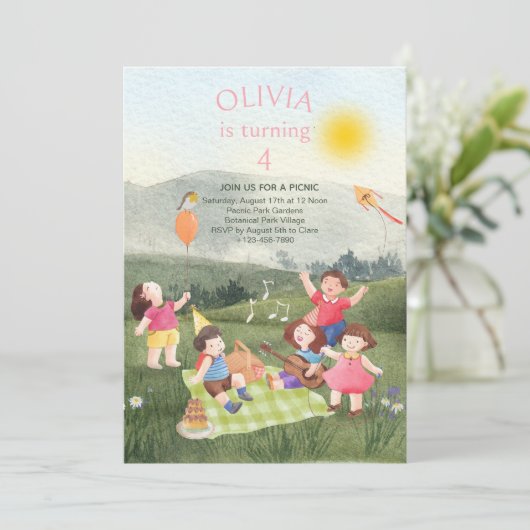 Leuke Picknick Verjaardag Meisje Tuin Feestuitnodi Kaart (Staand voorkant)