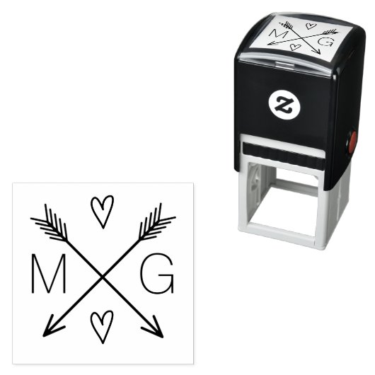 Leuke pijlen harten dubbele monogram bruiloft Logo Zelfinktende Stempel (In situ)