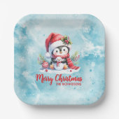 Leuke pinguïn blauw en rood vrolijk kerstfeest papieren bordje (Voorkant)