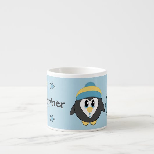 Leuke pinguïn blauw geel met sterren kind espresso kop (Voorkant)