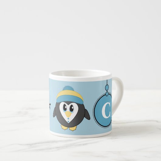 Leuke pinguïn blauw geel met sterren kind espresso kop (Voorkant rechts)