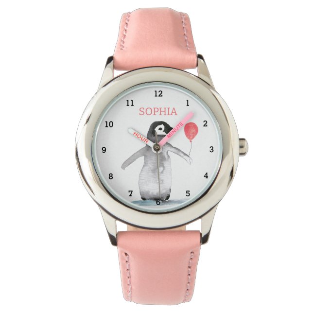 Leuke Pinguïn Dier Waterverf Girly Kinder Roze Horloge (Voorkant)