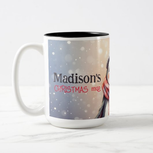 Leuke pinguïn gepersonaliseerde Kerstmis Tweekleurige Koffiemok (Links)