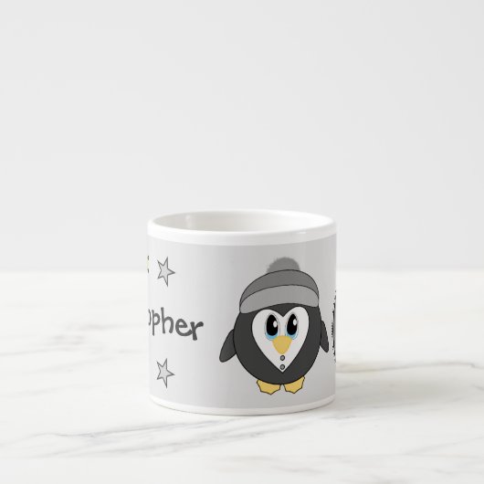 Leuke pinguïn grijs geel met sterren kind espresso kop (Voorkant)