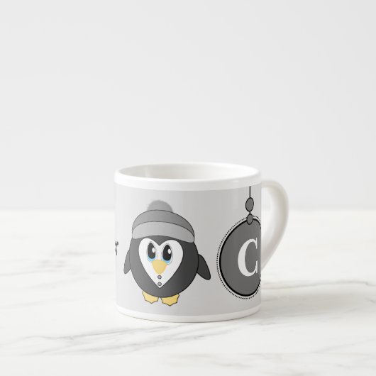 Leuke pinguïn grijs geel met sterren kind espresso kop (Voorkant rechts)