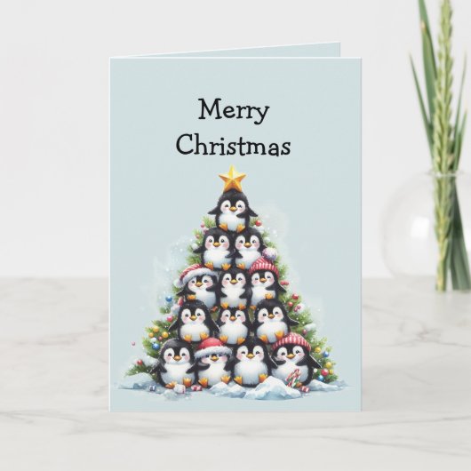 Leuke Pinguïn Kerstboom Groeten Kaart (Voorkant)