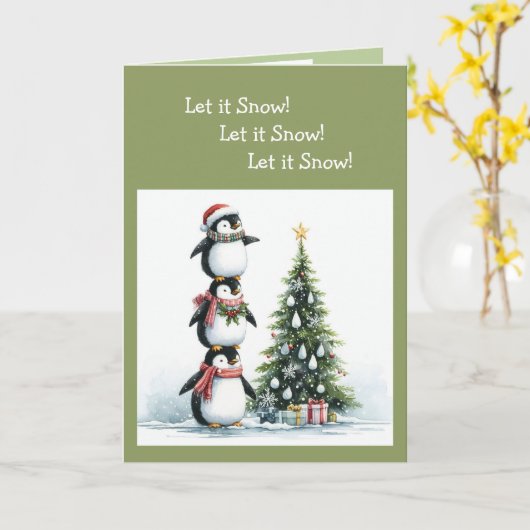 Leuke Pinguïn Kerstboom Laat het sneeuwen Kaart (Gele Bloem)