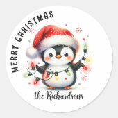 Leuke Pinguïn met Lichten Familienaam Kerstmis Ronde Sticker (Voorkant)