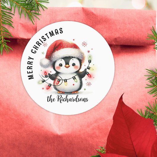 Leuke Pinguïn met Lichten Familienaam Kerstmis Ronde Sticker