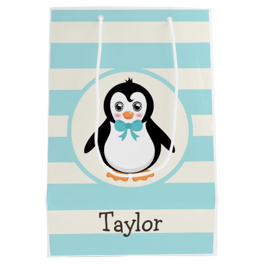 Leuke Pinguïn met Turquoise Bowtie Medium Cadeauzakje (Achterkant)