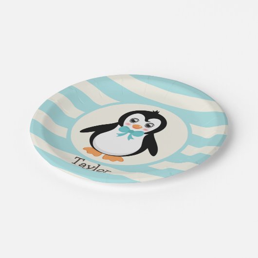 Leuke Pinguïn met Turquoise Bowtie Papieren Bordje (Gekanteld)