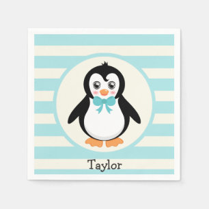 Leuke Pinguïn met Turquoise Bowtie Servet