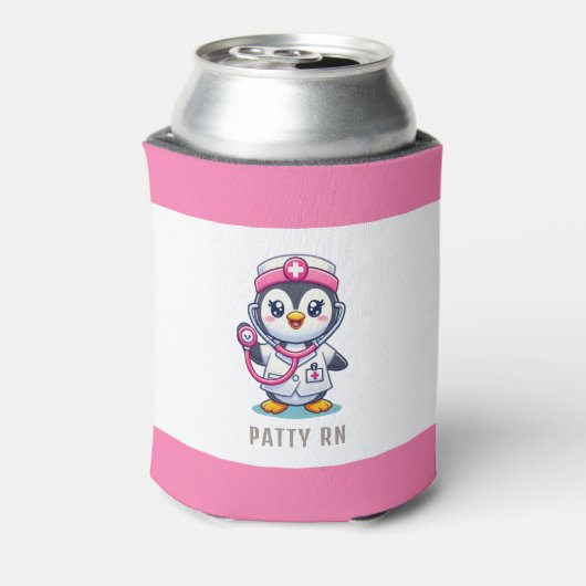 Leuke Pinguïn Nurse Roze Stethoscoop Custom Blikjeskoeler (Blikje Achterkant)