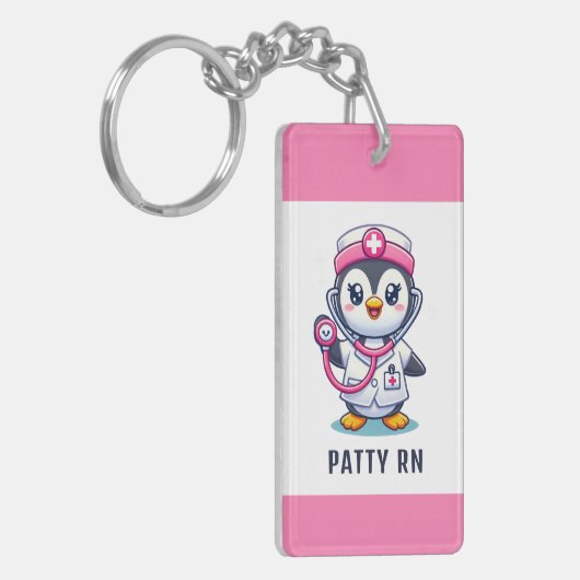 Leuke Pinguïn Nurse Roze Stethoscoop Custom Sleutelhanger (Voorkant Links)