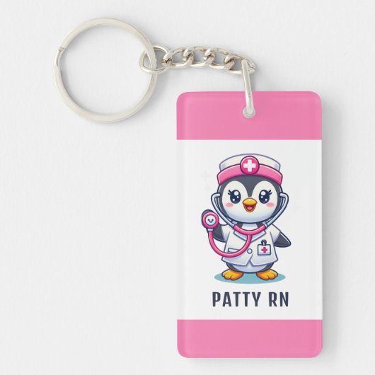 Leuke Pinguïn Nurse Roze Stethoscoop Custom Sleutelhanger (Voorkant)