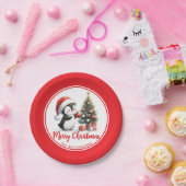 Leuke Pinguïn Rood Wit Custom Vrolijk Kerstmis Papieren Bordje (Feest)