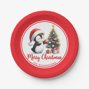 Leuke Pinguïn Rood Wit Custom Vrolijk Kerstmis Papieren Bordje