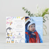 Leuke pinguïn verjaardag uitnodiging met foto (Staand voorkant)