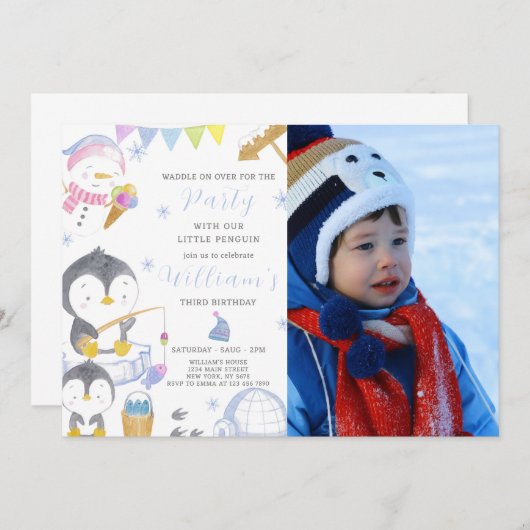Leuke pinguïn verjaardag uitnodiging met foto (Voorkant / Achterkant)