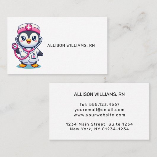 Leuke Pinguïn Verpleegster Roze Stethoscoop Profes Visitekaartje (Voorkant / Achterkant)