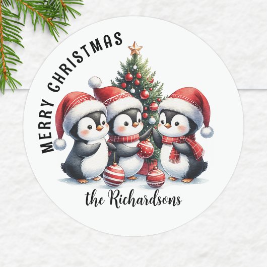 Leuke pinguïns Aangepaste familienaam Vrolijk Kers Ronde Sticker