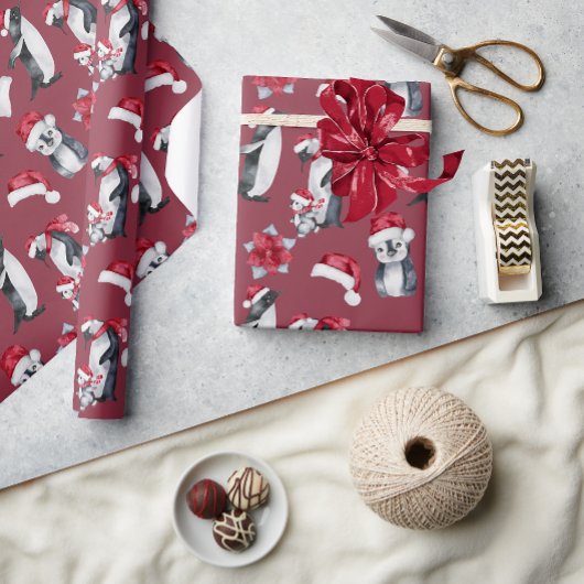 Leuke pinguïns in Kerst Petten rood Cadeaupapier