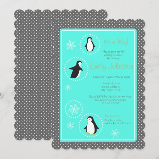 Leuke pinguïns jongen baby shower uitnodiging (Voorkant / Achterkant)