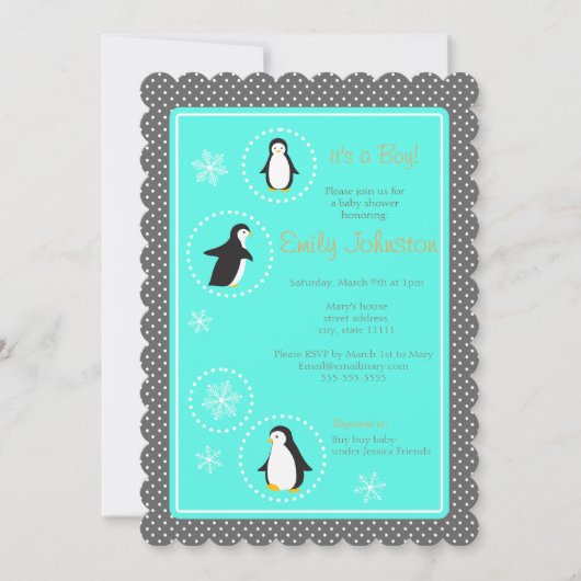 Leuke pinguïns jongen baby shower uitnodiging (Voorkant)