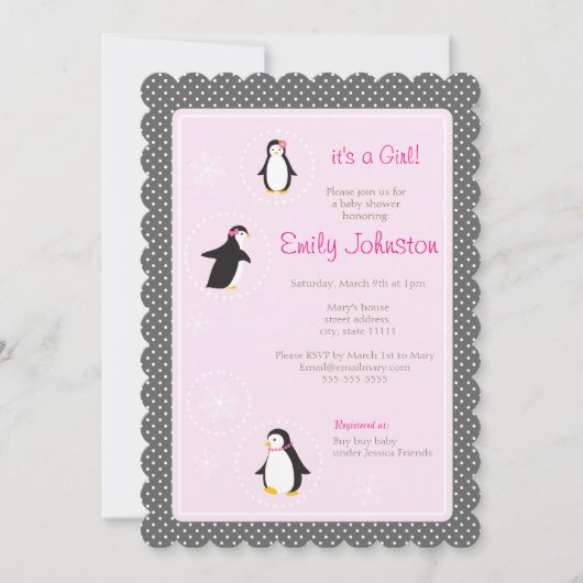 Leuke pinguïns meisje baby shower 5" x 7" uitnodig kaart (Voorkant)