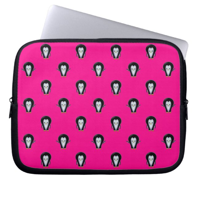 Leuke pinguïns over Hot Pink Patroon Laptop Sleeve (Voorkant)