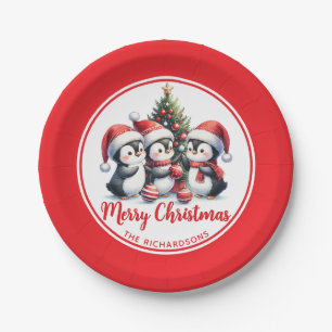 Leuke Pinguïns Witte en Rode Vrolijke Kerstmis Papieren Bordje