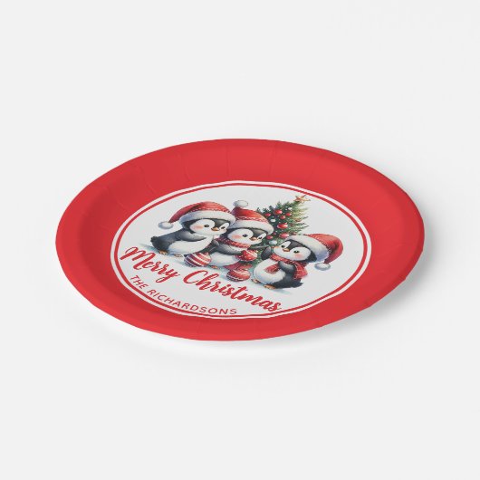 Leuke Pinguïns Witte en Rode Vrolijke Kerstmis Papieren Bordje (Gekanteld)