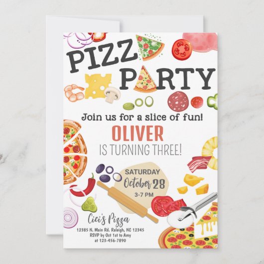 Leuke pizza-uitnodiging voor kinderverjaardagsfees kaart (Voorkant)