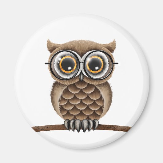 Leuke pluizige bruine uil met leesbril, wit magneet (Voorkant)