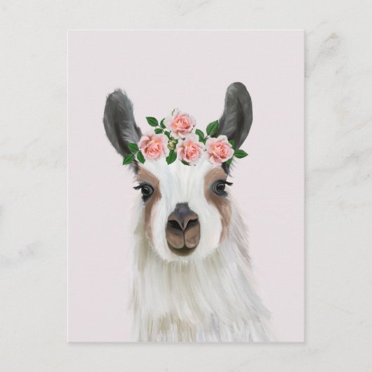 Leuke pluizige lama met Roos bloemkroon roze Briefkaart (Voorkant)
